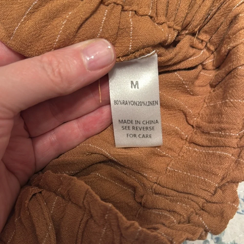 WISHLIST camel colored pinstripe paper bag shorts